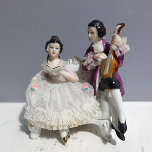 Dresten Style Porcelain Lace Figurine Man Serenading A Woman On Sofa