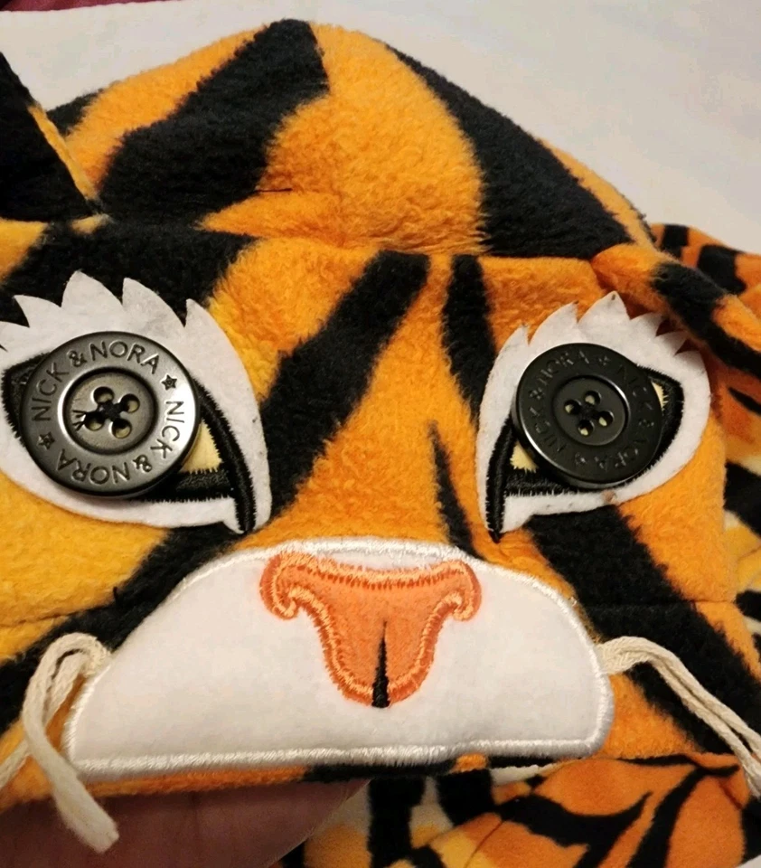 NICK & NORA Tiger 条纹睡衣连身裤女式 L 码连体服装 3D 连帽 — 第 2/4 张图片