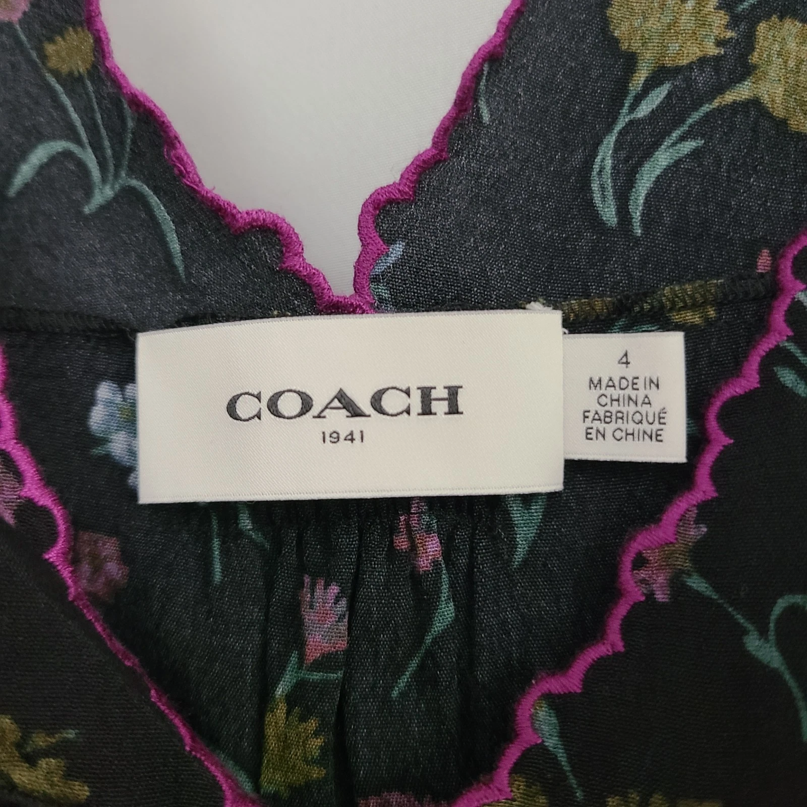 Abito romantico scuro Coach 1941 taglia 4 nero viola fiori selvatici bordo fiocco tasche