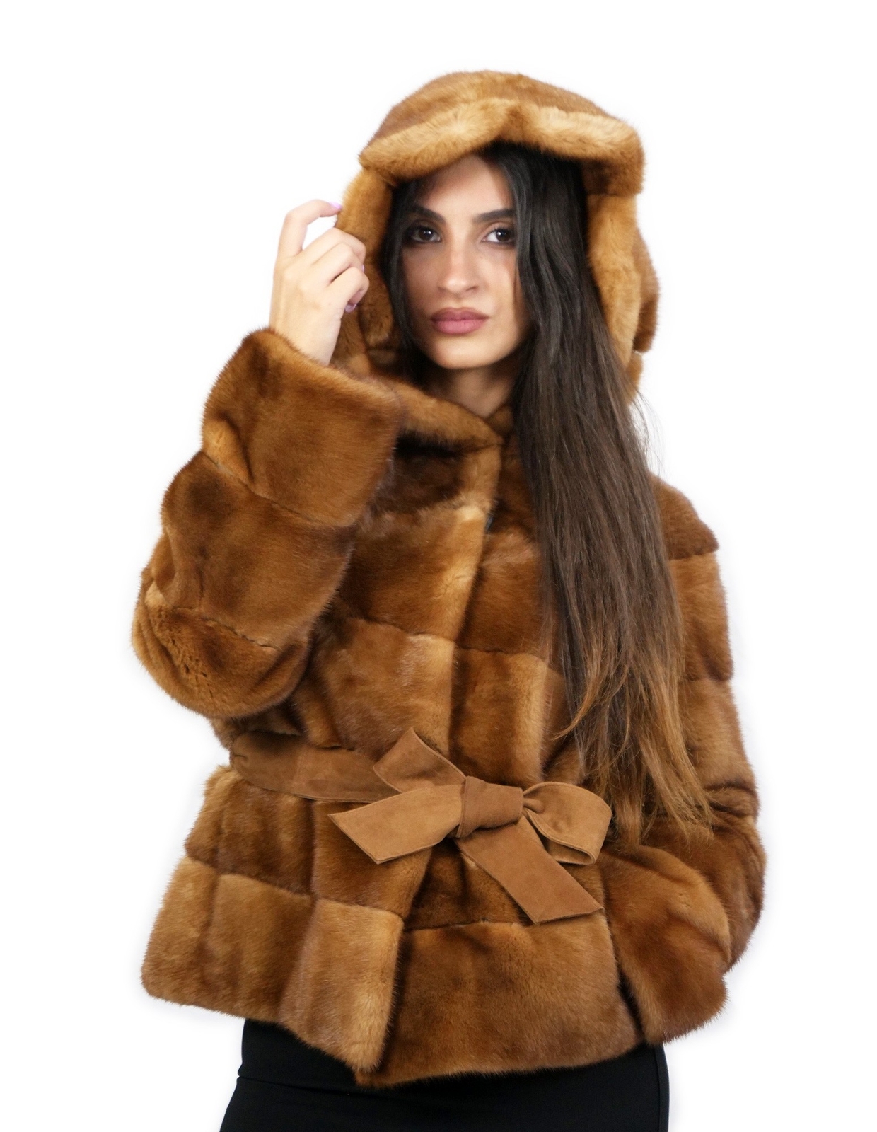 Luxury 52 mink hooded suede jacket with belt and exterior pockets-image