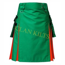 Scottish Handmade Green and Red Utility Hybrid Kilt For Men Detachable Pockets