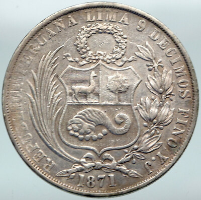 1871 YJ PERU South America 1 SOL Antique Original Silver Peruvian