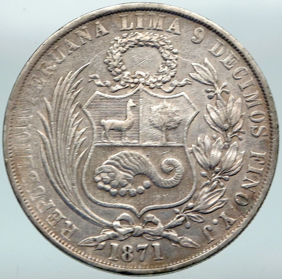 Moneda peruana antigua de plata original 1871 YJ PERU Sudamérica 1 SOL i88236 Foto 2 de 3