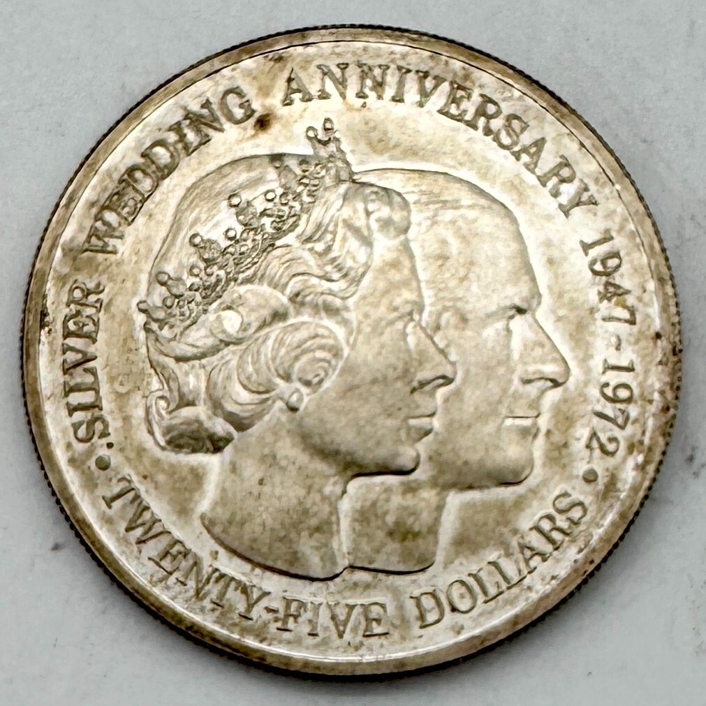 1972 Cayman Islands $25 Silver Wedding Anniversary of Queen