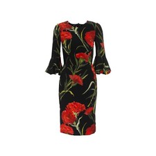 Dolce & Gabbana Bell-Sleeve Carnation-Print Dress, Black/Red SIZE IT46/10 US NEW