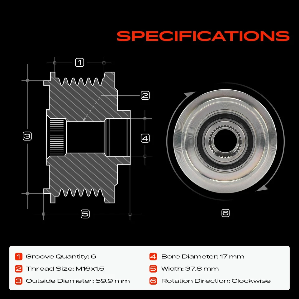 Polea embrague alternador para Hyundai Sonata Kia Optima Forte 6 ranuras en el sentido de las agujas del reloj Foto 3 de 4