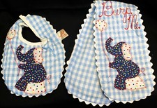 Vintage 1990s PatchKraft Baby Bib Burp Cloth Set Calico Elephant Blue Gingham