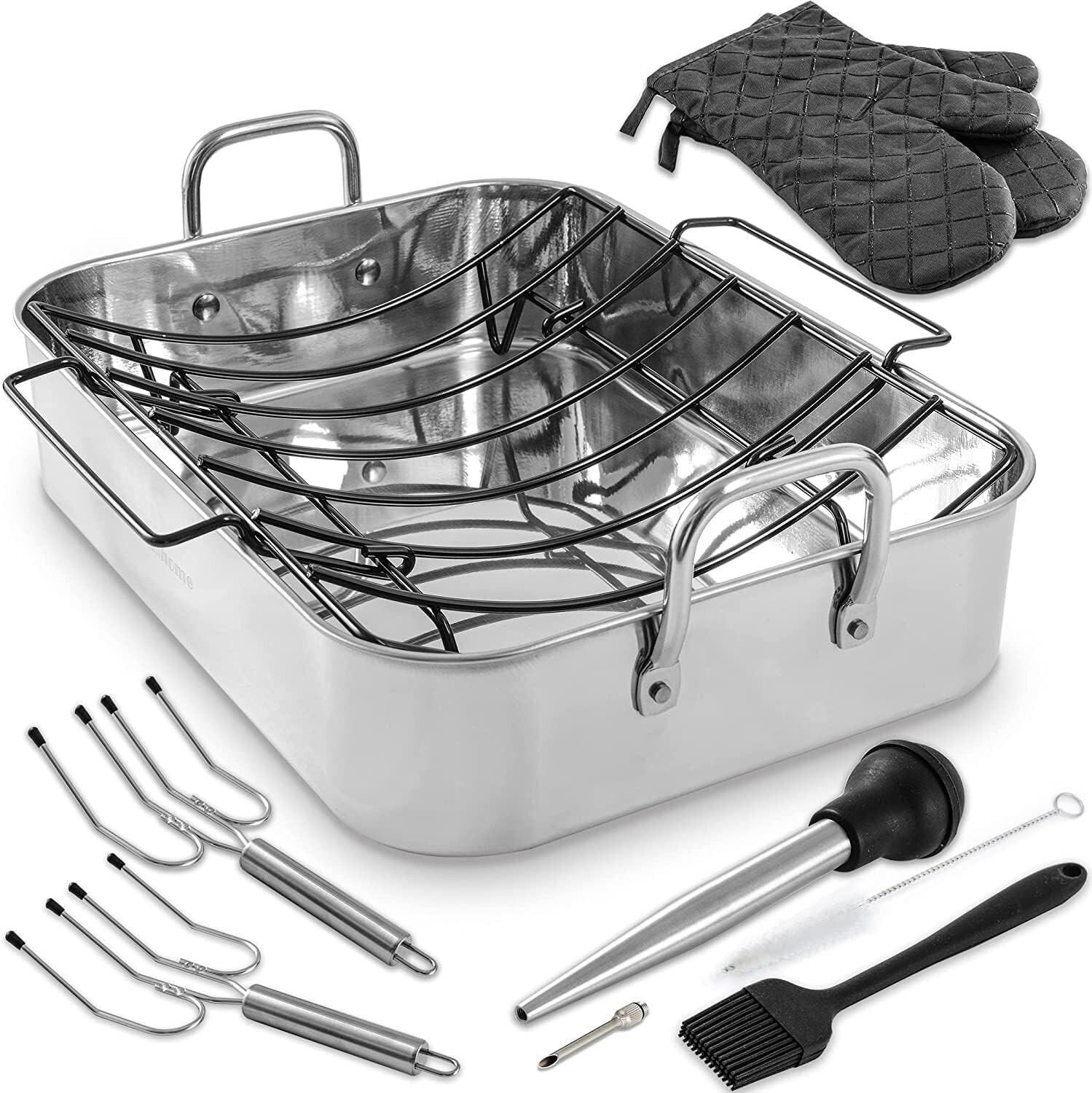 Asador de jamón de pavo rectangular de 16 pulgadas de acero inoxidable con estante