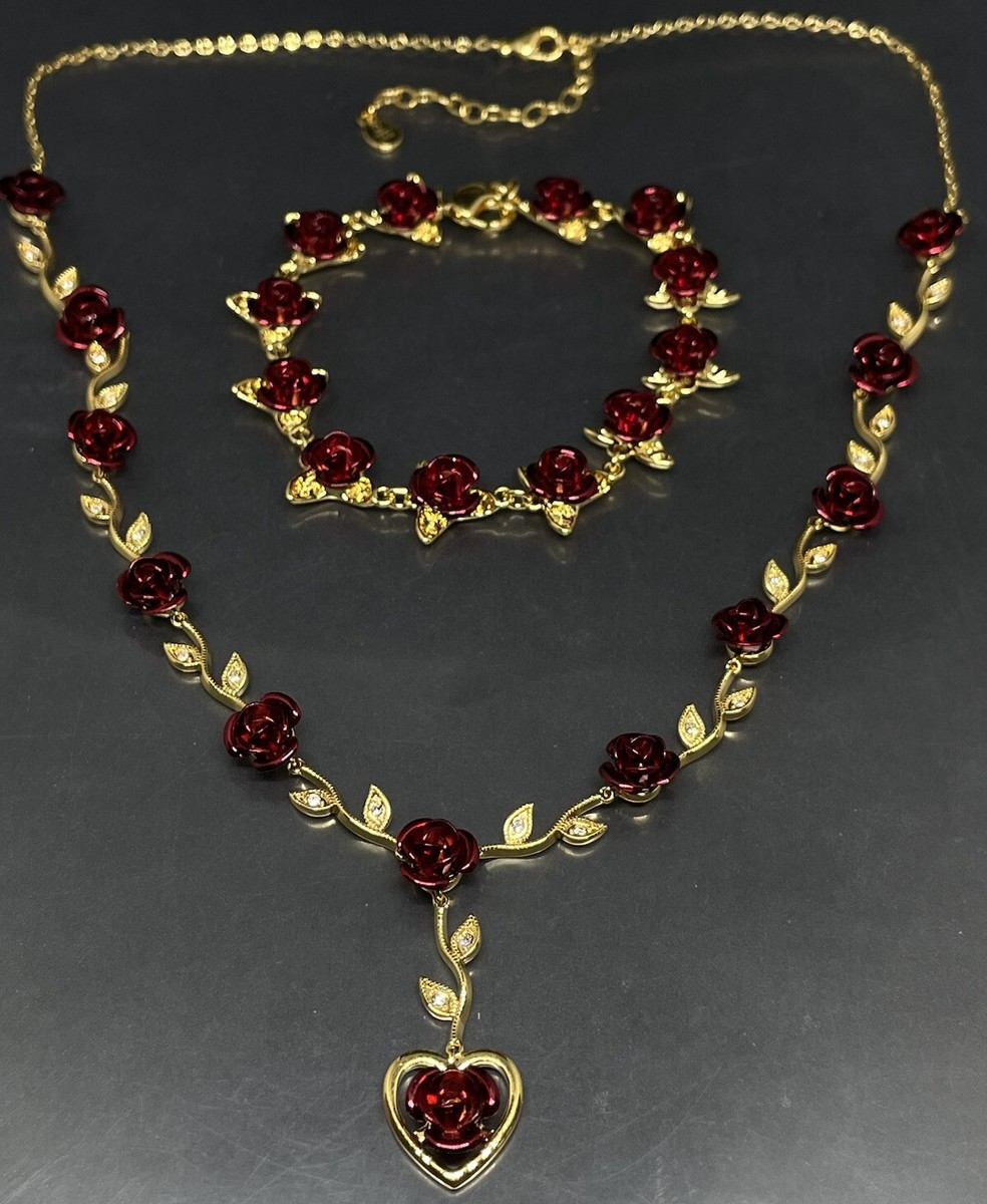 Danbury Mint Dozen Roses Drop Heart Necklace Dozen Roses Bracelet Set  Signed✨