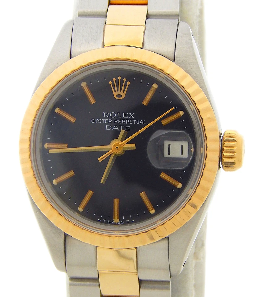 Reloj Rolex Date Damas 2 Tonos Oro Amarillo Acero Inoxidable con Esfera Negra 6916