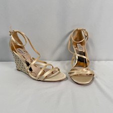 Badgley Mischka Bridal Wedge Sandals Ivory Satin Rinestones Strappy Womens 11