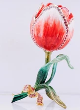 Amazing Rose Flower Gilt Bronze Enamel Paste Stones-Decorative Art-Boxed