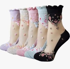 5 Pairs Women Socks Thin Mesh Transparent Floral Breathable Short Socks