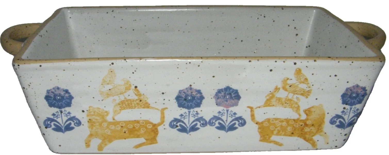 Anthropologie Maria Lena Loaf Baking Dish Oven Pan Bread Stencil Folk Art Animal