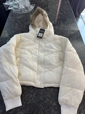 True Religion Horseshoe Logo Slim Puffer Jacket Hooded Fur Trim White Size XXL