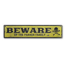 Custom Family Beware Skull Sign - Rustic Hand Made Halloween Wooden