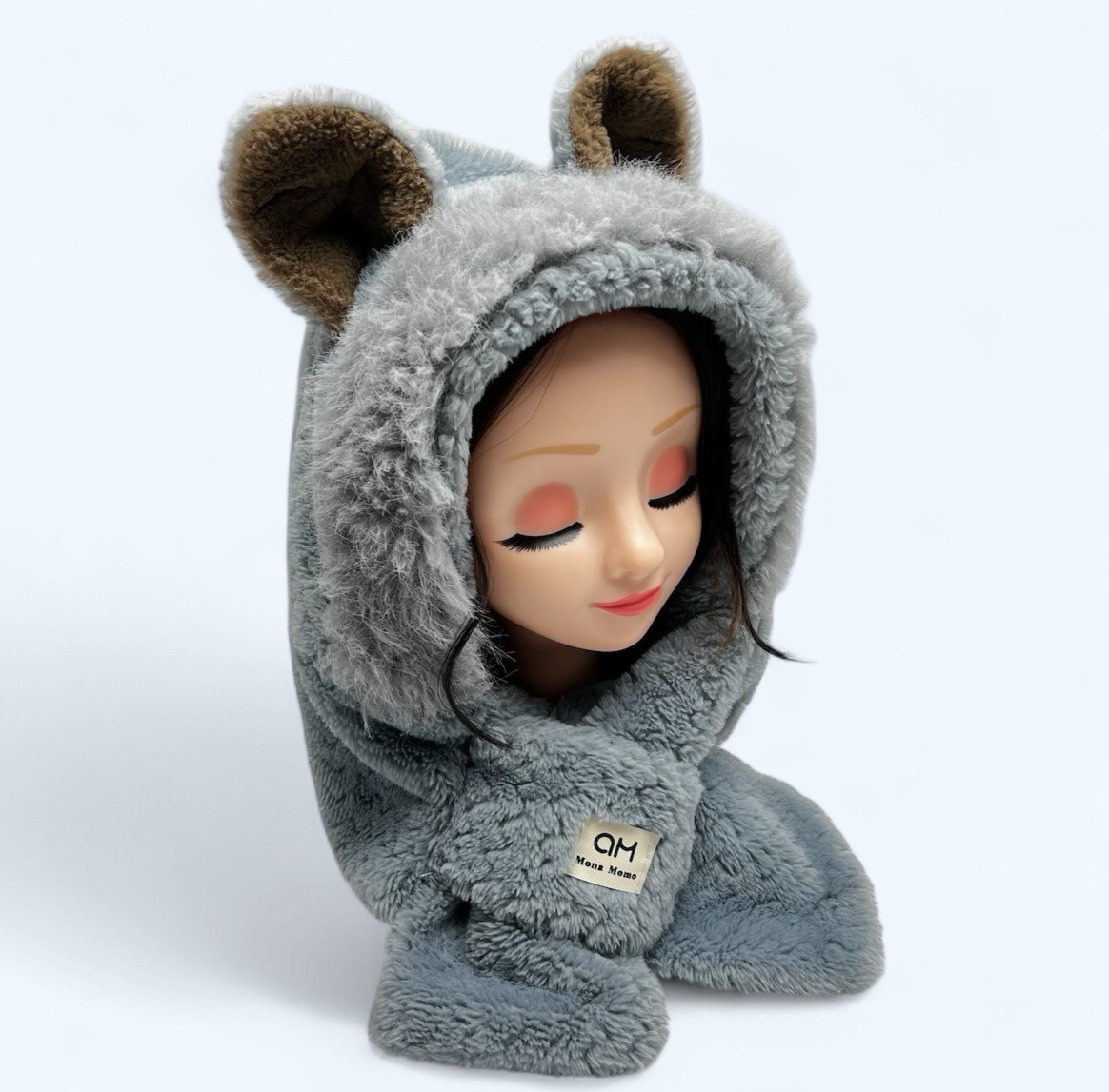 Mona Momo Winter Hooded Scarf Plush Neck Warmer With Cute Bear