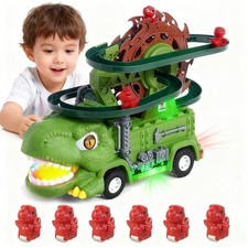 2 in 1 Dinosaur Slide Track Car Toys Set - Dinosaur Truck with Music and Ligh...