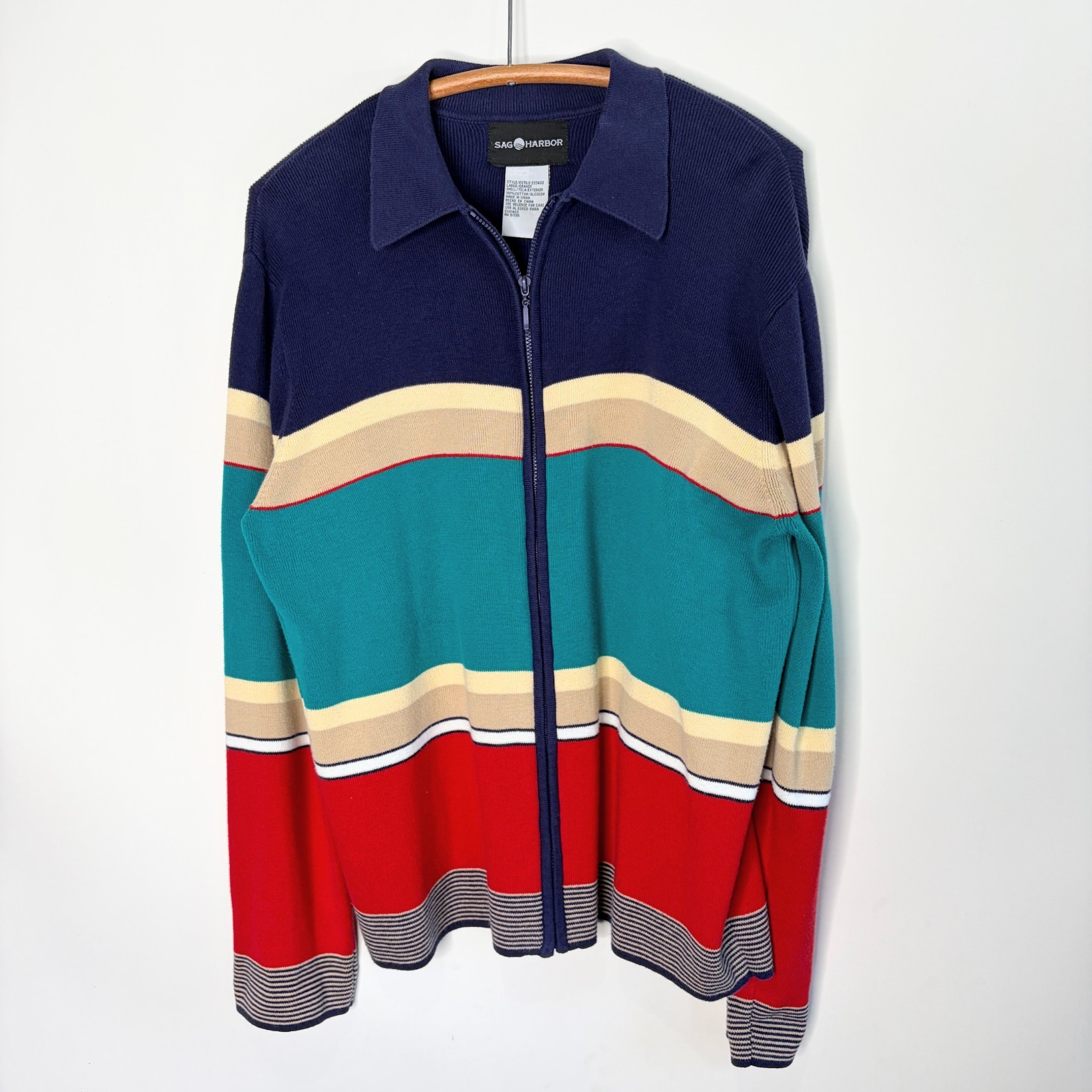 Vintage Sag Harbor Sweater Cardigan Zip Up Striped Color Block 90's Women Size L