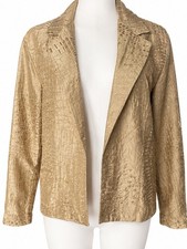 Chico  s Silk Embroidered Open Front Jacket Gold Textured Blazer Boho Luxe- M
