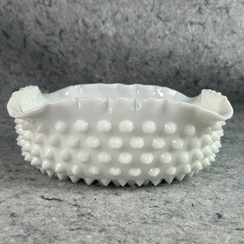 Fenton Hobnail Milk Glass Square Ruffled Dessert Bowl Vintage USA