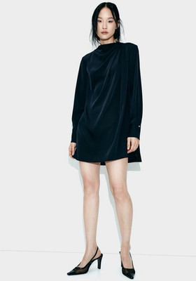 H&M Black Twill Long Sleeve Dress With Gold Button Details - Size XS