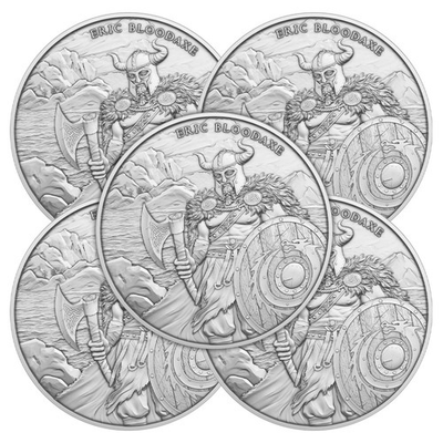 #ad Lot of 5 1 Troy oz Eric Bloodaxe Design .999 Fine Silver Round $390.57