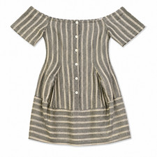 Vintage Linen Striped Off the Shoulder Dress