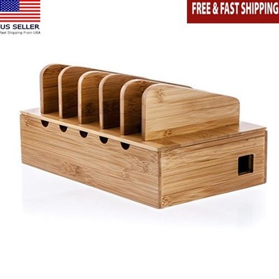 Bamboo Charging Station Organizer Multi-Device Docking Station w/Divider Slots
