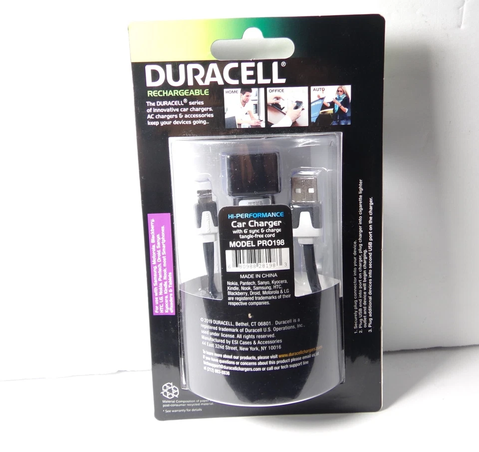Duracell Car Charger- 6 ft Sync & Charge Cord-3.1 Amp Dual USB Ports - NEW - Image 2 of 4