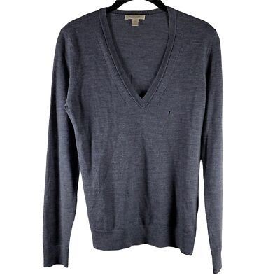 BURBERRY BRIT Gray Extra Fine Merino Wool Knit V-Neck Sweater FLAW Size  Medium