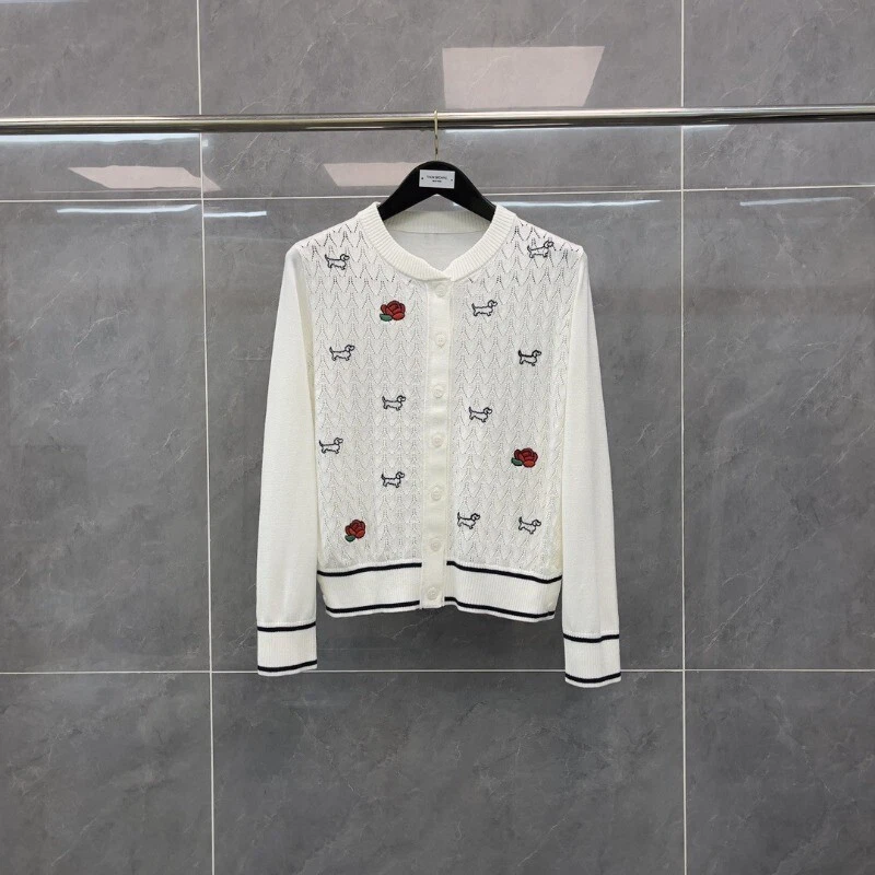 Cardigan donna Thom Browne fantasia girocollo con bottoni maglia