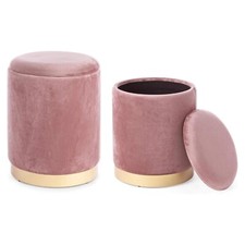 Set 2 Pouf Contenitore Velluto Sgabello Poggiapiedi Rotondo Portata 120kg