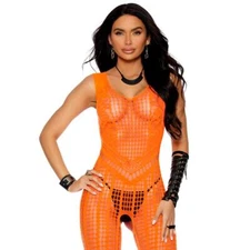 Footless Crochet Bodystocking Lace Pothole Cut Outs Crotchless Neon Orange 81339