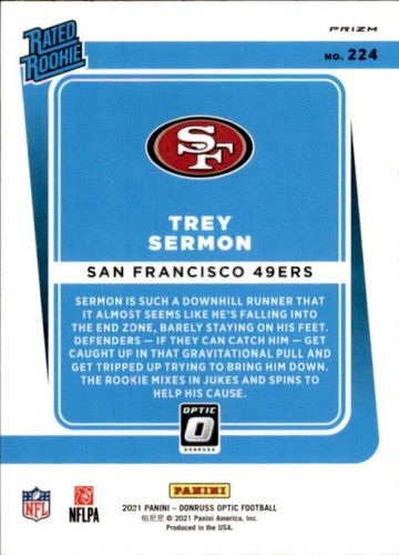 Trey Sermon 2021 Donruss Optic Silver Prizm Rookie #224 Holo 49ers Parallel RC - Picture 2 of 2