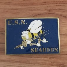 United States Navy Seabees Belt Buckle 1999 Made In USA Pewter Colored Enamel