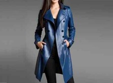 New Women Trench Coat Navy Blue Handmade Lambskin Genuine Leather Casual Stylish