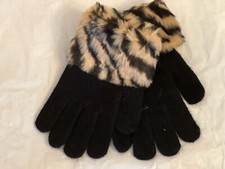 Black Knitted Gloves w/furry Leopard Animal trims. Brown or White Sold each.