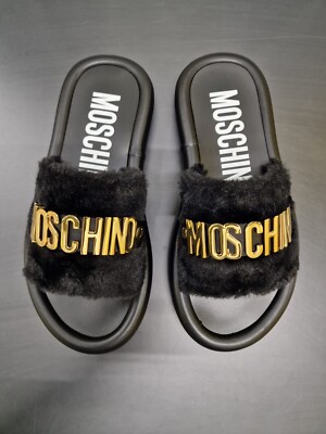 MOSCHINO Kunstfell Pantoletten Sandalen mit Schriftzug Logo - UK 7 / EU 40 - 390£