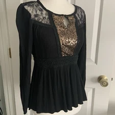 Miss Me Black & Gold Lace Sequin Long Sleeve Peasant Blouse Top Small