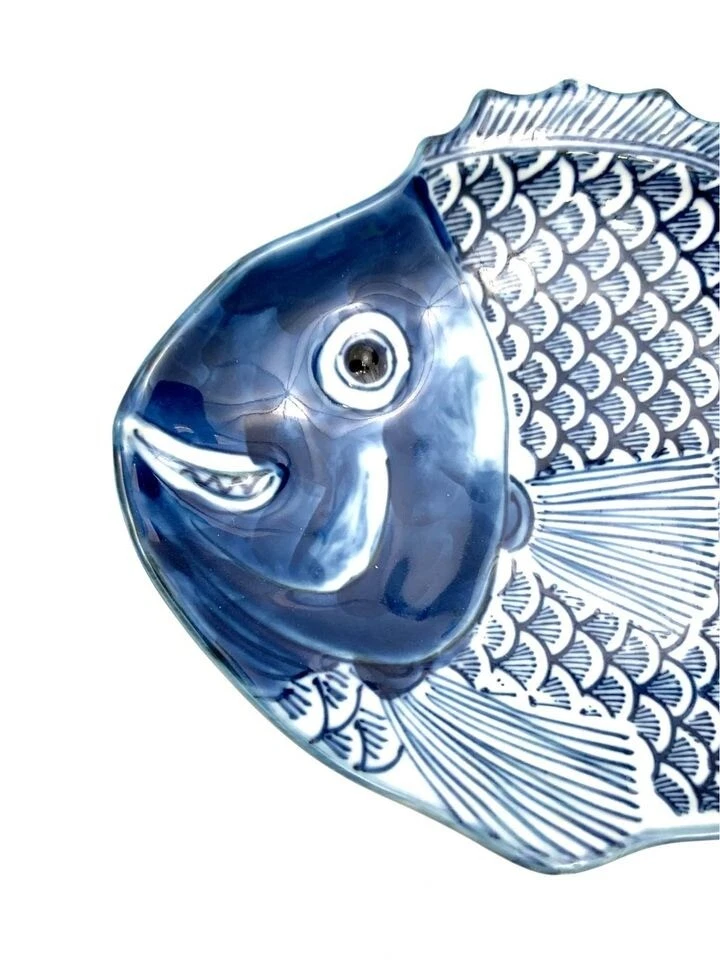 Bandeja Plato Azul Blanco Estilo Oriental Forma de Pez Decoración Tropical Costal Náutica Foto 3 de 4