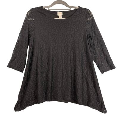 Chicos Blouse Size 0 US Small Black Cheetah Print Lace Lined Sharkbite Hem Tunic