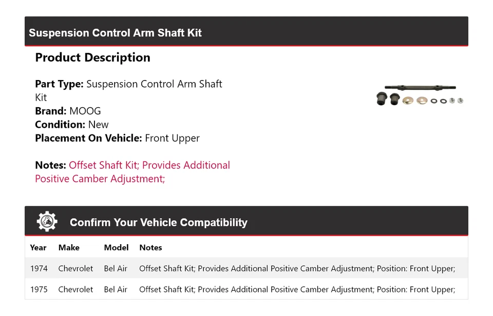 Kit de eje de brazo de control de suspensión neumática MOOG para Chevrolet Bel 1974-1975 Foto 2 de 4