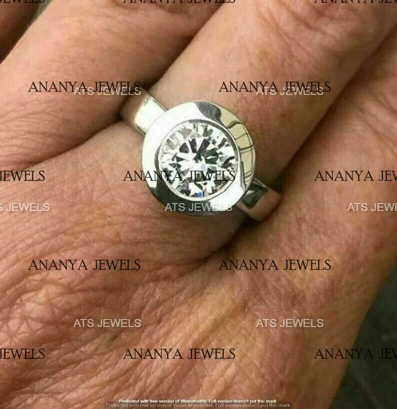 6.5mm Bezel Set Moissanite Wedding Engagement Ring SZ 7 14K White Gold Plated