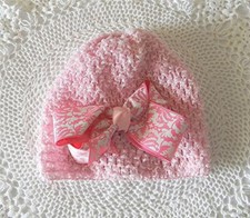 INFANTS ADORABLE 0-3 MO. PINK SATIN STRETCH RIBBON HAT WITH PINK GROSGRAIN BOW