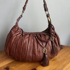 Sabina Ny Pleated Slouchy Hobo Handbag Brown Leather Shoulder Bag Purse Tassel