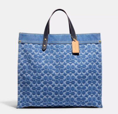 NWT COACH Field Tote 40 In Signature Denim Blue and refined calf