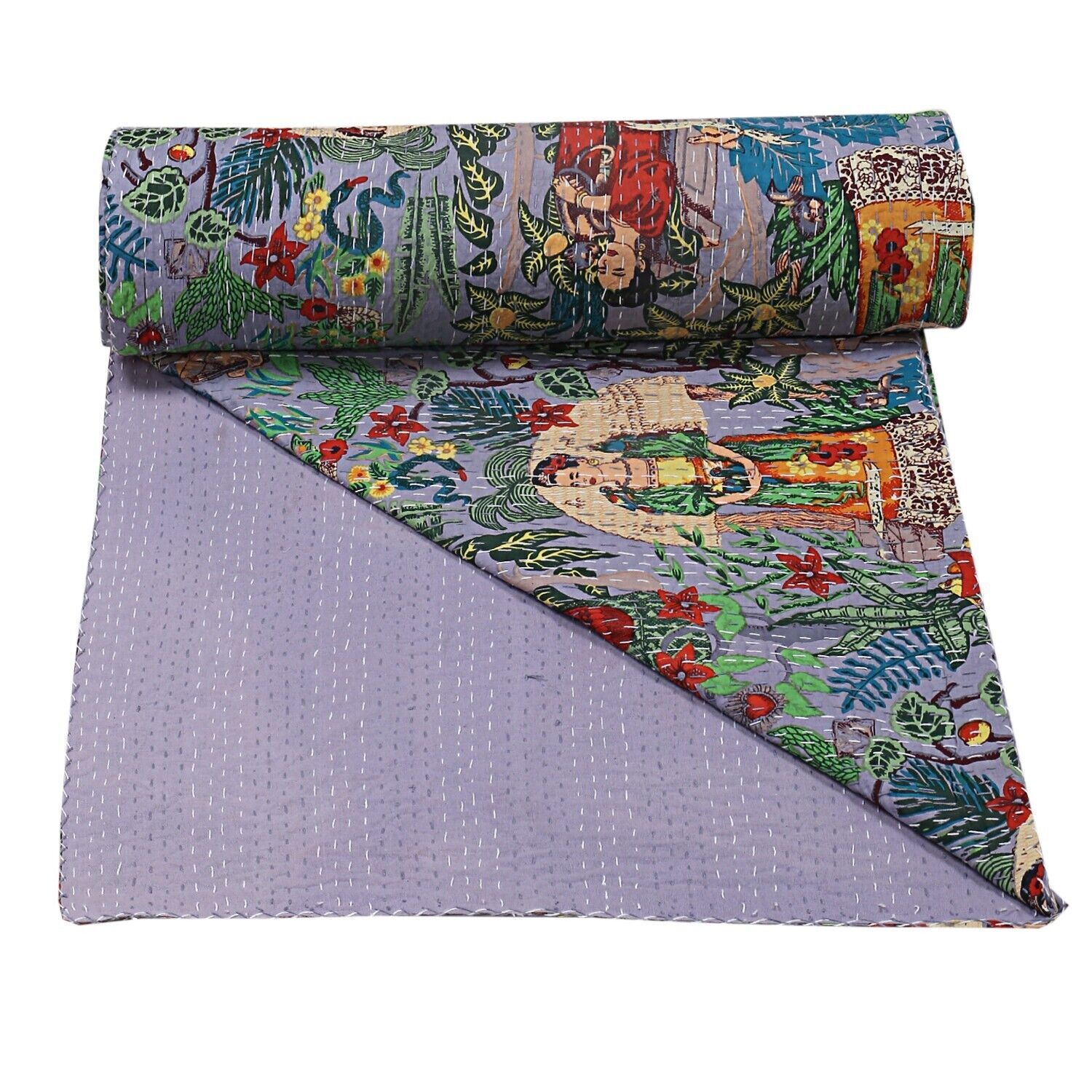 Indian Grey Cotton Quilt Handmade Bohemian Blanket Double Size Bedding