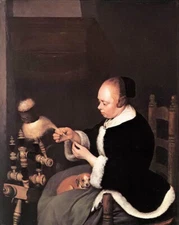 Oil painting gerard ter borch - a woman spinning withher pet dog hand painted