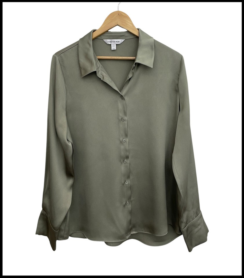 FOREVER NEW Olive Green Hi-Lo Long Sleeve Satin Button Up Shirt Size 14